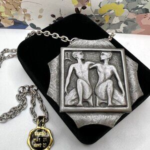 Luca Razza Gemini Zodiac Pewter Plaque 1970's Necklace